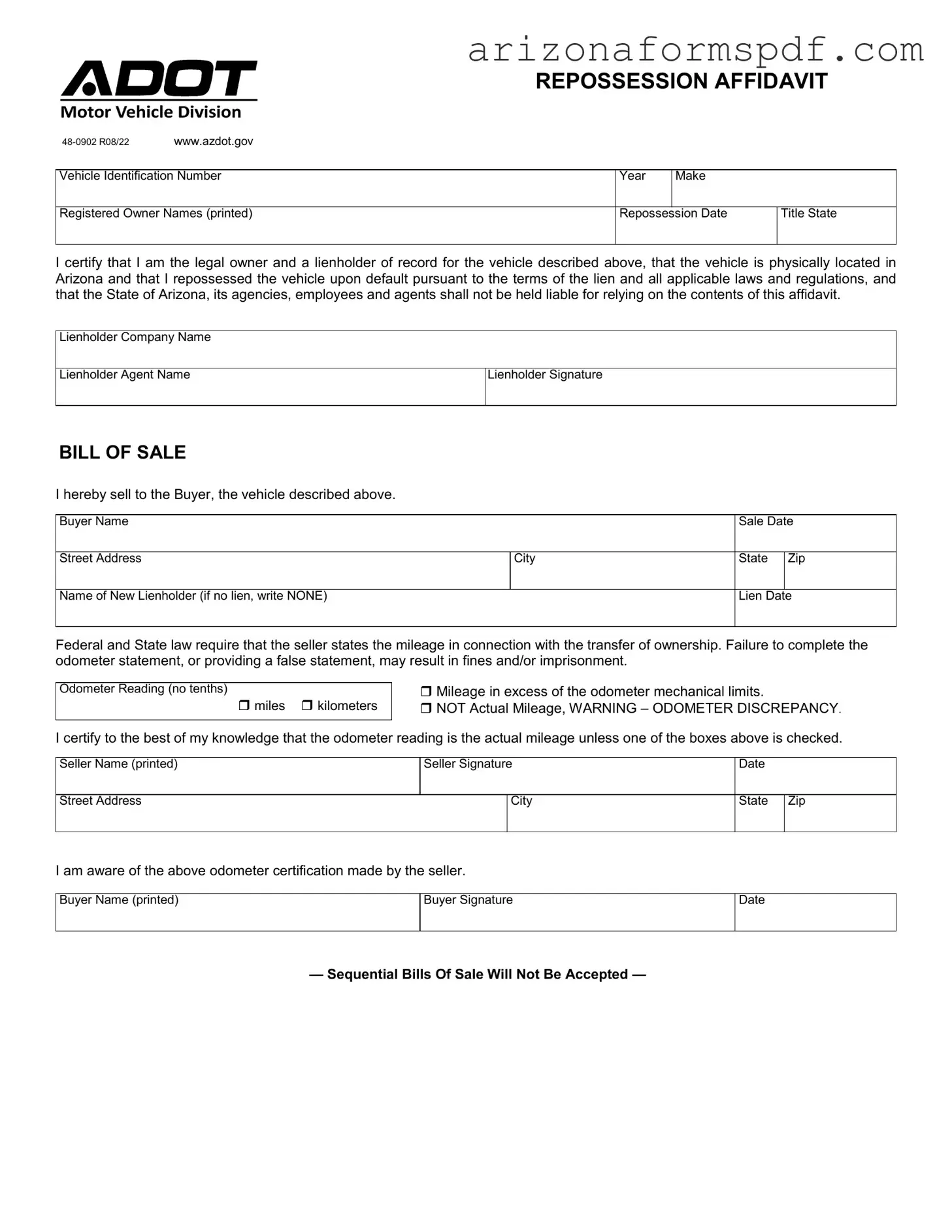 Fill in Your Arizona Repossession Affidavit Form