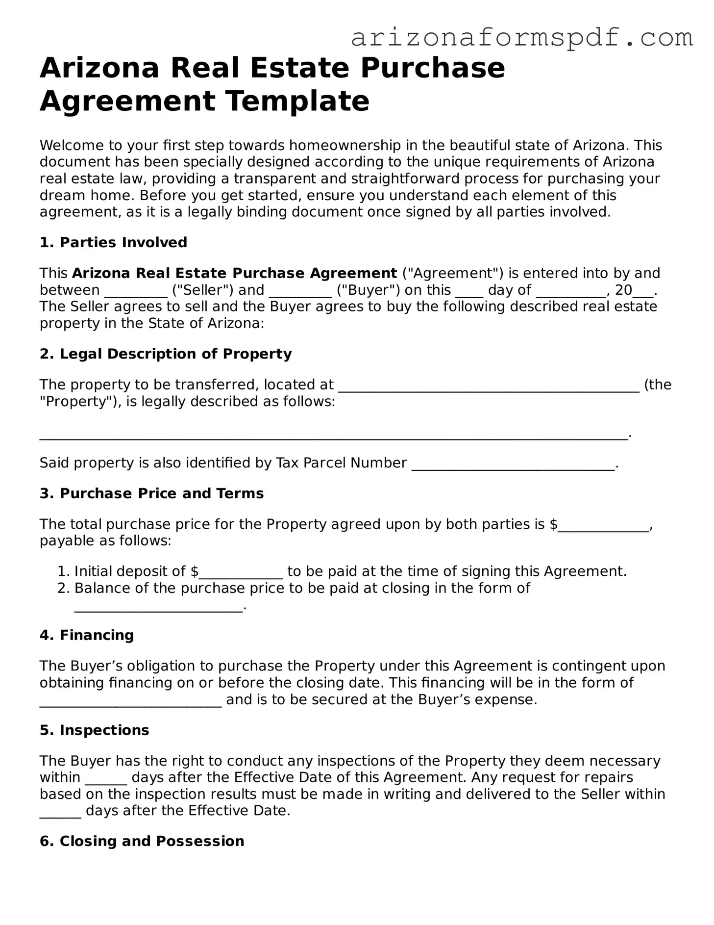 Blank Arizona Real Estate Purchase Agreement Form