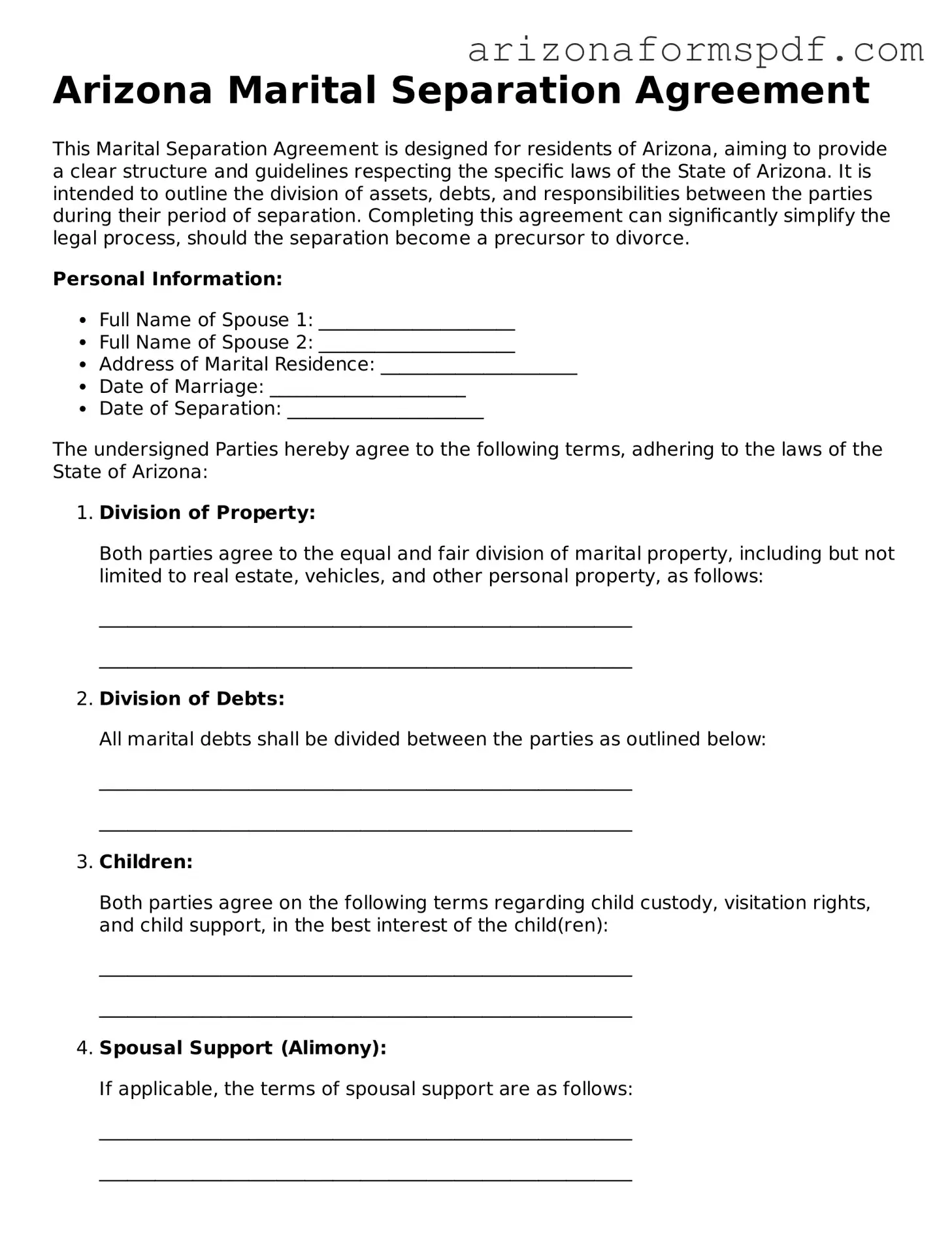 Blank Arizona Marital Separation Agreement Form