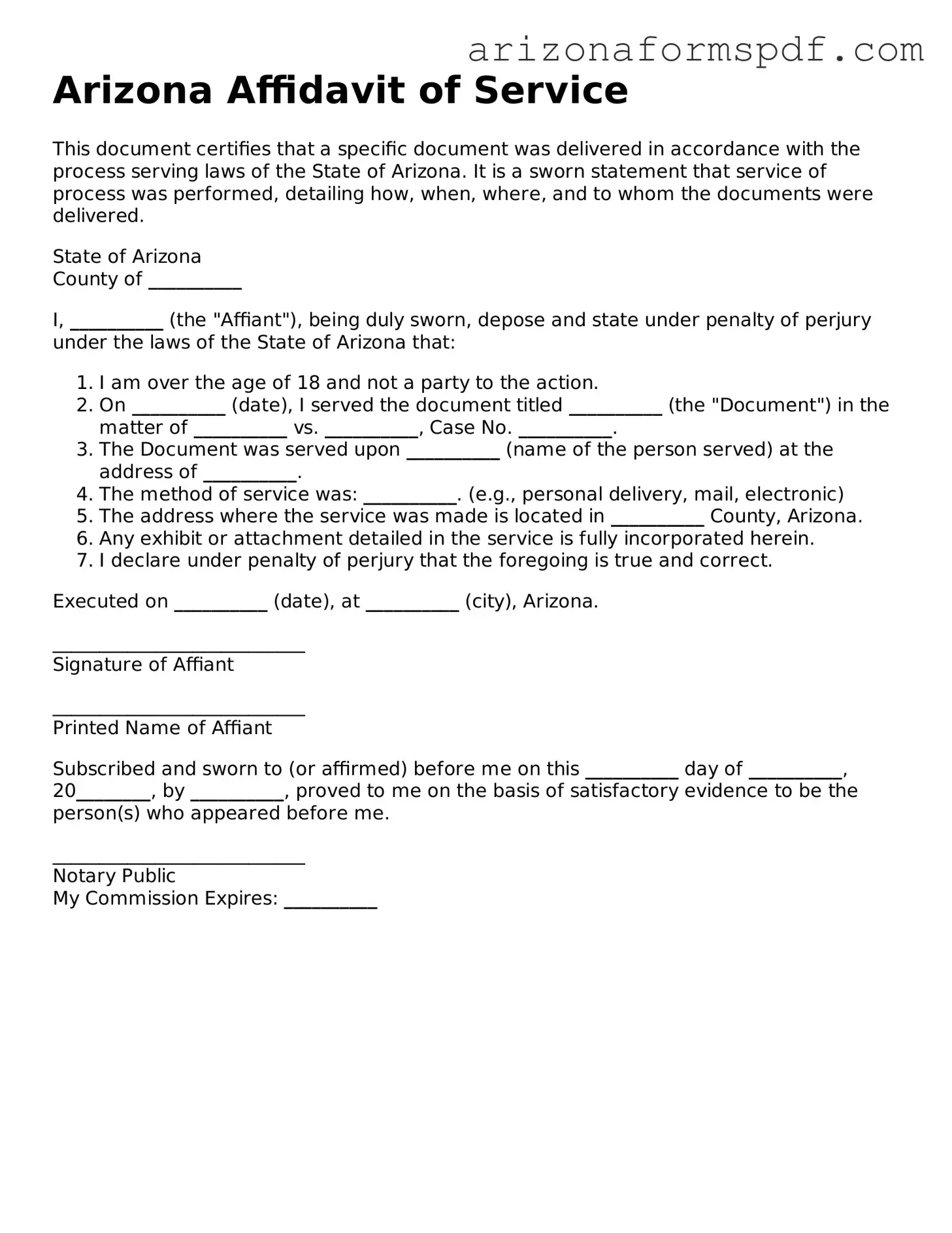 Blank Arizona Affidavit of Service Form