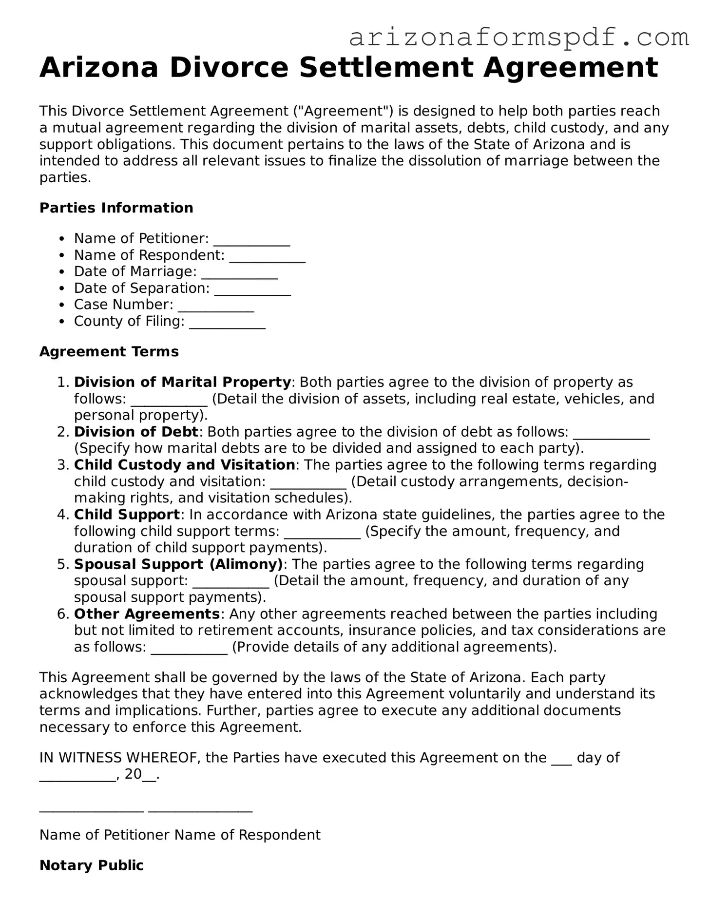 Blank Arizona Divorce Settlement Agreement Form