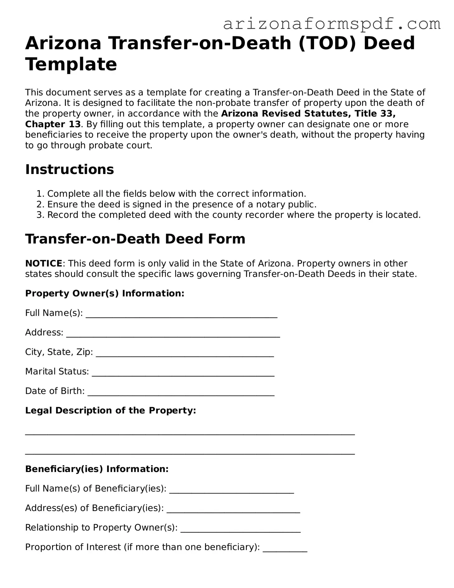Blank Arizona Transfer-on-Death Deed Form