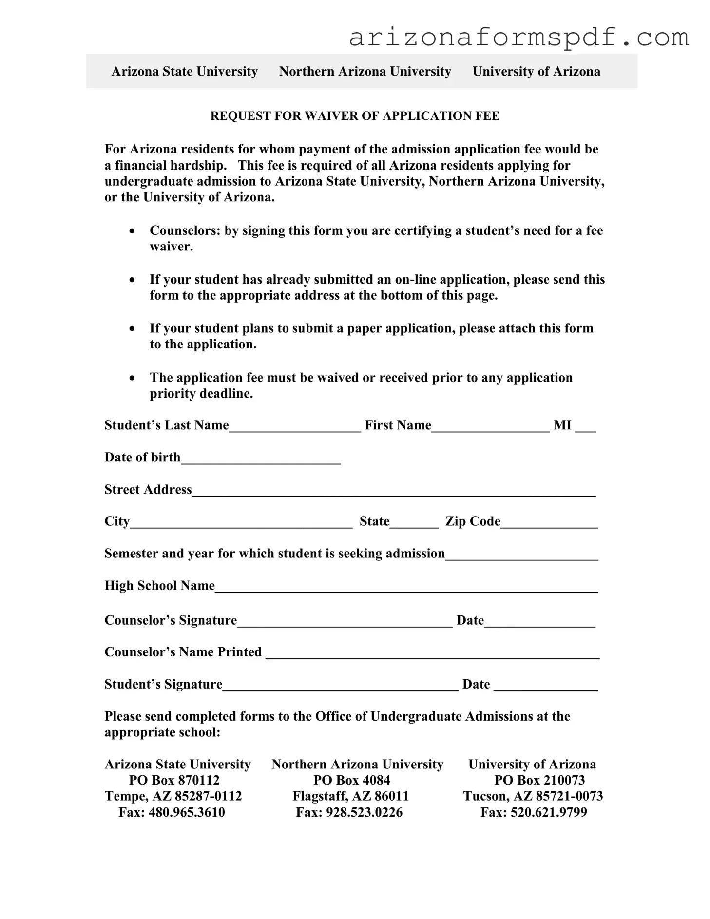Fill in Your Arizona University Application Form
