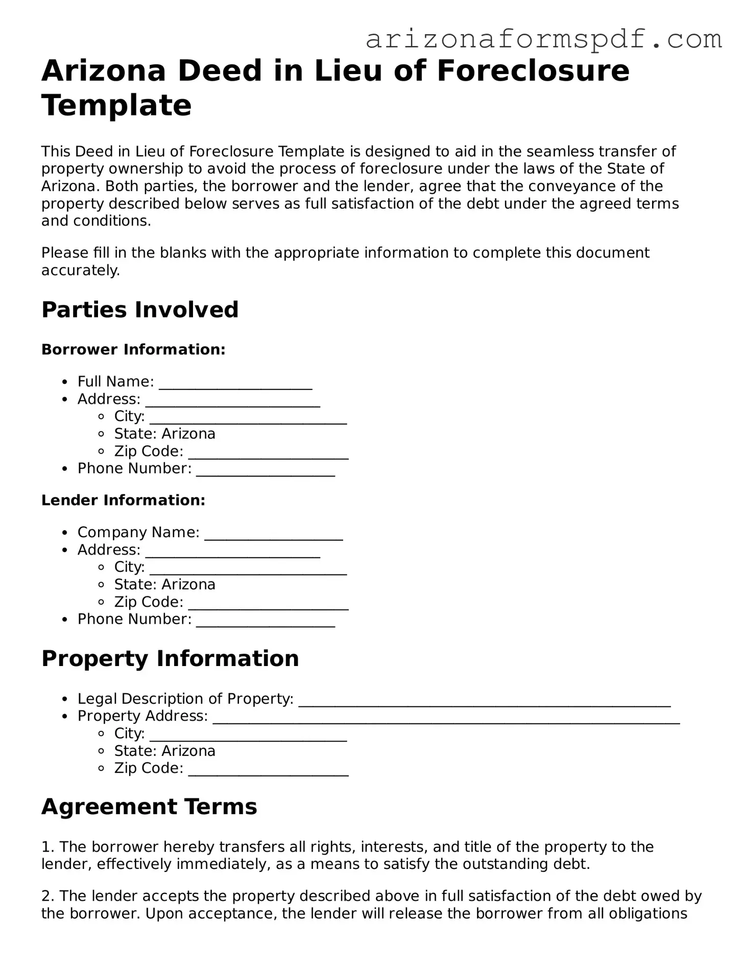 Blank Arizona Deed in Lieu of Foreclosure Form