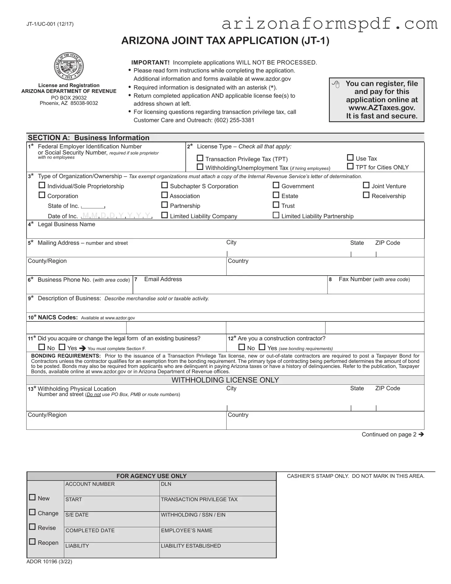 Fill in Your Jt 1 Arizona Tax Form