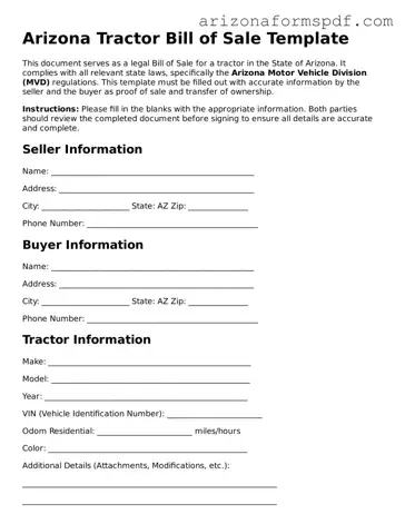 Blank Arizona Tractor Bill of Sale Form