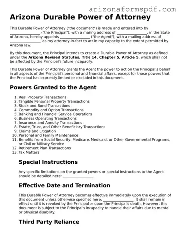 Blank Arizona Durable Power of Attorney Form