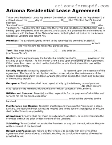 Blank Arizona Residential Lease Agreement Form
