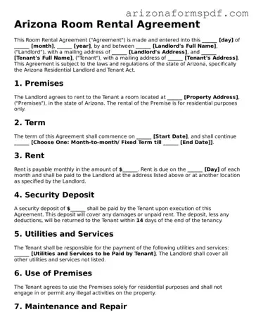 Blank Arizona Room Rental Agreement Form