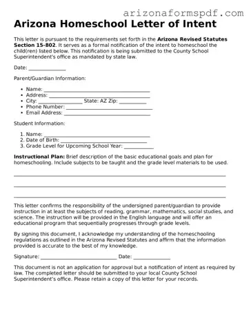 Blank Arizona Homeschool Letter of Intent Form
