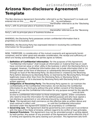Blank Arizona Non-disclosure Agreement Form