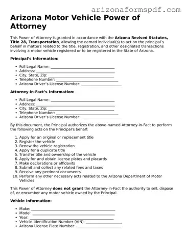 Blank Arizona Motor Vehicle Power of Attorney Form