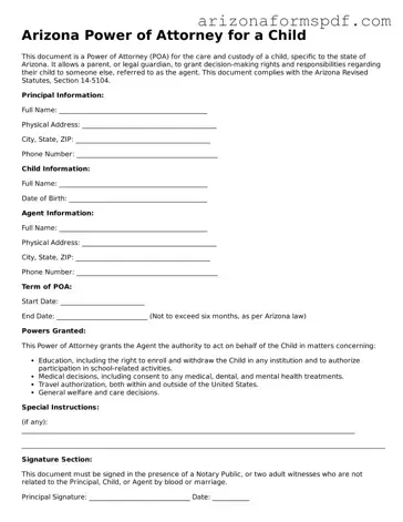Blank Arizona Power of Attorney for a Child Form